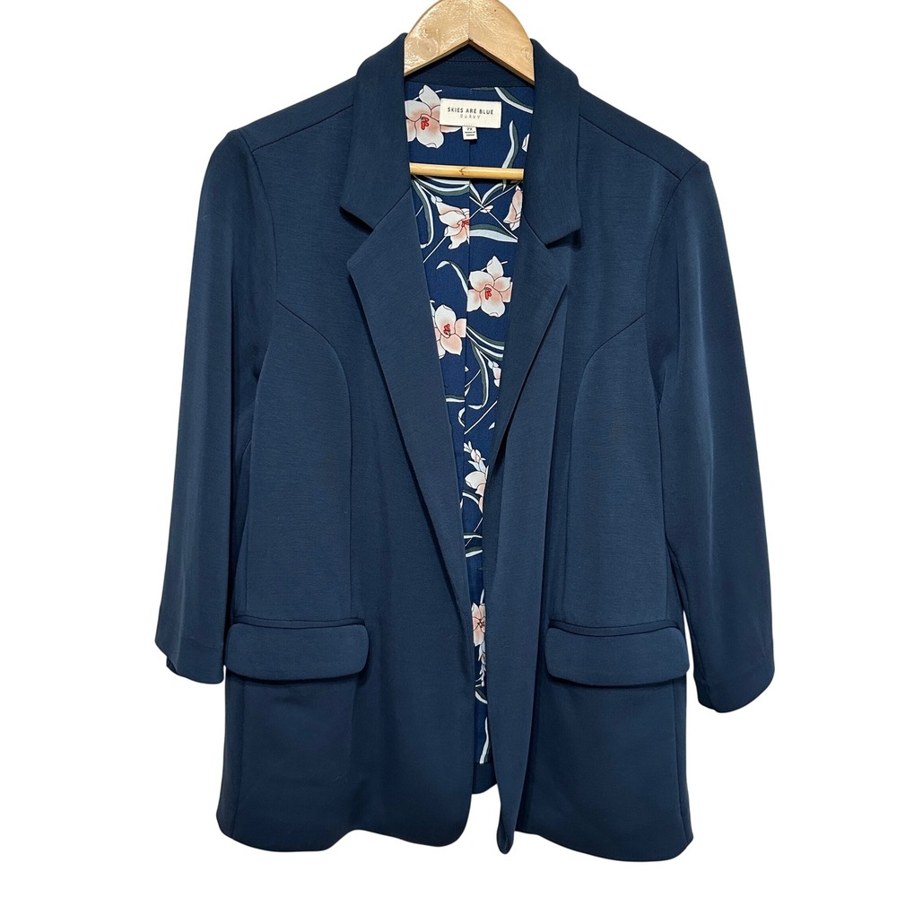 Skies Are Blue Curvy Open Front Blazer Womens Plus 2X Navy Blue Office Relaxed